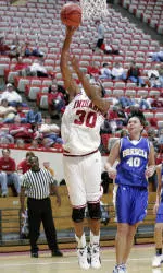 Senior forward Angela Hawkins recorded her ninth career double-double in the Hoosiers' victory over Boston University.