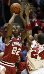 Indiana's Marshall Strickland puts up a shot against Ball State's Julien Mills during the first half. (AP Photo/John Harrell)