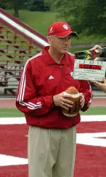 Terry Hoeppner prepares to tape a football commercial previewing the 2005 season.