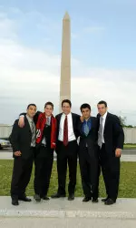 Josh Tudela, Jed Zayner, Jordan Chirico, Greg Badger and Pat Yates (left to right) pose for a photo at the World War II Memorial during the Hoosiers' trip to Washington, D.C.