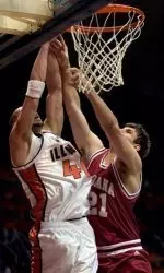 Illinois' James Augustine and Indiana's Ben Allen tangle for a rebound in first half of a college basketball game at the Assembly Hall in Champaign, Ill., on Sunday Feb. 19. 2006. (AP Photo/Darrell Hoemann)