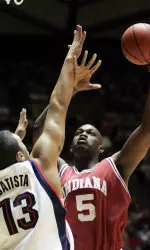 Indiana's Marco Killingsworth (5) shoots over Gonzaga's J.P. Batista in the first half of a NCAA tournament second round basketball game in Salt Lake City, Utah, Saturday, March 18, 2006.(AP Photo/Douglas C. Pizac)
