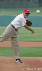 Indiana head football coach Terry Hoeppner threw out the first pitch at the Indianapolis Indian's game against the Columbus Clippers. <i>Photo by Bill Gentry</i>