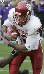 Indiana wide receiver James Hardy scores during Northwestern's 31-28 win