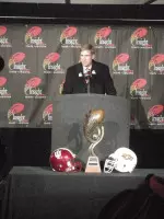 Indiana head coach Bill Lynch met with the media when the team arrived at Phoenix International Airport.