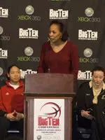 IU head coach Felisha Legette-Jack, along with sophomores Kim Roberson and Whitney Thomas, took part in a press conference to preview the upcoming tournament on Monday, Feb. 26 in Conseco Fieldhouse. (Photo taken by Peter Bick, After Image Photo)