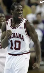 Roderick Wilmont pumps his fist in reaction to gameplay against Gonzaga. Wilmont hit six 3-pointers in the Hoosiers' win. (AP Photo/Marcio Jose Sanchez)