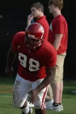 Kevin Burrus arrived for second semester and joined his twin brother, Keith, at spring practice.