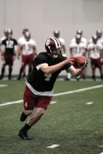 The Hoosiers opened spring practice on the turf in Mellencamp Pavilion.