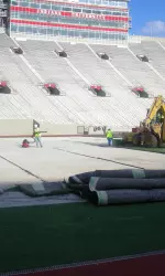 Workers began the process of replacing the turf at Memorial Stadium today.