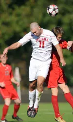 Will Bruin battles with an Ohio State defender in Sunday's match on Jerry Yeagley Field at Armstrong Stadium.