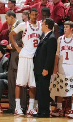 Head Coach Tom Crean, Christian Watford (2) and Jordan Hulls (1)
