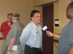 Bill Lynch and Tom Crean doing interviews before tonight's Tailgate Tour in Merrillville.