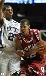 Indiana's Verdell Jones (12) works toward the basket past Penn State's Jeff Brooks (25) during the second half of an NCAA college basketball game in State College, Pa., Thursday, Jan. 21, 2010. (AP Photo/Ralph Wilson)