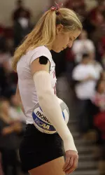 Ashley Benson takes a breath before serving in IU's NCAA Tournament win over Tennessee