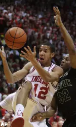 Indiana guard Verdell Jones III, left, grabs a rebound from Purdue guard John Hart during the first half of an NCAA college basketball game in Bloomington, Ind., Thursday, Feb. 4, 2010. (AP Photo/Darron Cummings)