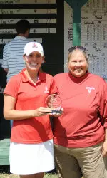 Laura Nochta, pictured with Associate Athletics Director Janet Kittell, finished second at the IU Invitational with a score of 216.