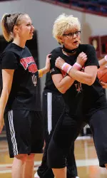 IU manager Brittany Hollingsworth and Syvia McNair during warm-ups.