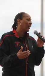 IU head coach Felisha Legette-Jack speaking at the Coach Hep Cancer Challenge.