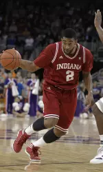 Indiana's Christian Watford, left, goes to the basket against Evansville's Lewis Jones. (AP Photo/Darron Cummings)