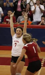 Defensive specialists Melanie Hicks and Caitlin Cox filled in as setters with the Hoosiers shorthanded.