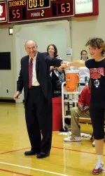 President Michael McRobbie congratulates First Lady Laurie McRobbie on the Wonderlab Wonder Women's victory at Assembly Hall last year.