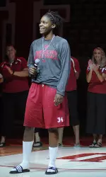 Necole Sterling speaks to the Assembly Hall crowd of freshmen during Traditions and Spirit.