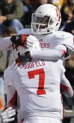 Nate Sudfeld and Shane Wynn celebrate after connecting for IU's fourth TD of the game