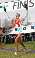 Zach Mayhew crosses the line in first place at Big Ten Championships. (Photo Courtesy of Rey Del Rio, Michigan State Athletic Communications)