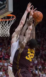 Cody Zeller blocking Minnesota's Trevor Mbakwe.