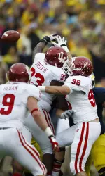 Redshirt freshman defensive tackle Ralphael Green (93) blocked a pair of field goals, including this one at Michigan, in 2013.