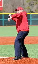 President Michael A. McRobbie threw out the ceremonial first pitch