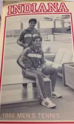 Cohen (standing) on cover of 1986 men's tennis media guide.