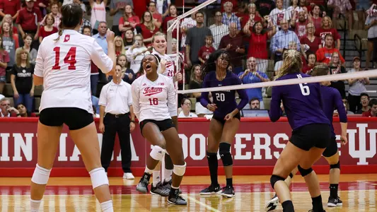 BLOOMINGTON, IN - SEPTEMBER 21, 2018 - Middle blocker Deyshia Lofton #16 of the Indiana Hoosiers during the game between the Northwestern Wildcats and the Indiana Hoosiers at the University Gym in Bloomington, IN. Photo By Carter Waldron/Indiana Athletics