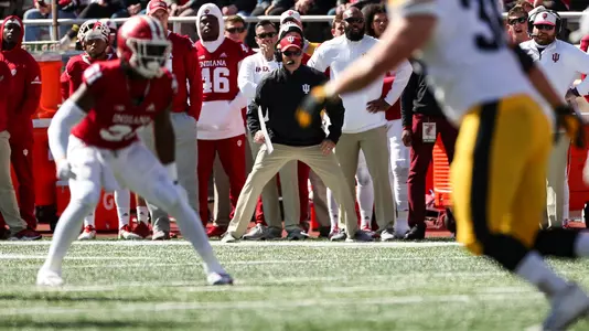 BLOOMINGTON, IN - OCTOBER 13, 2018 - Indiana Hoosiers Head Coach Tom Allen during the game between the Iowa Hawkeyes and the Indiana Hoosiers at Memorial Stadium in Bloomington, IN. Photo By John Sims/Indiana Athletics