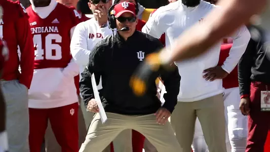 BLOOMINGTON, IN - OCTOBER 13, 2018 - Indiana Hoosiers Head Coach Tom Allen during the game between the Iowa Hawkeyes and the Indiana Hoosiers at Memorial Stadium in Bloomington, IN. Photo By  John Sims/Indiana Athletics