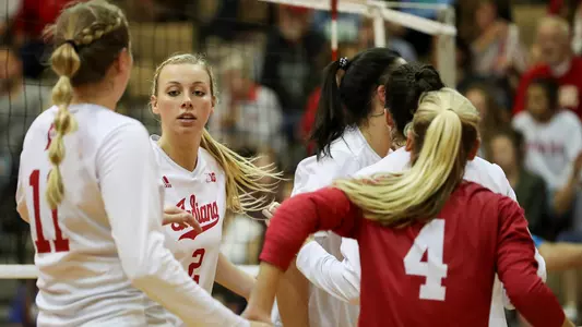 BLOOMINGTON, IN - SEPTEMBER 29, 2018 - Middle blocker Hayden Huybers #2 of the Indiana Hoosiers during the game between the Minnesota Golden Gophers and the Indiana Hoosiers at the University Gym in Bloomington, IN. Photo By Carter Waldron/Indiana Athletics