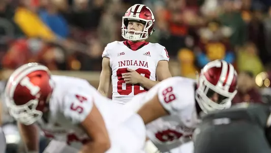 MINNEAPOLIS, MN - OCTOBER 26, 2018 - kicker Logan Justus #82 of the Indiana Hoosiers during the game between the Minnesota Gophers and the Indiana Hoosiers at TCF Bank Stadium in Minneapolis, MN. Photo By Craig Bisacre/Indiana Athletics