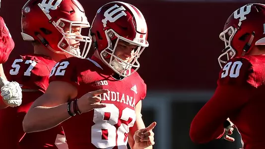 BLOOMINGTON, IN - NOVEMBER 10, 2018 - kicker Logan Justus #82 of the Indiana Hoosiers during the game between the Maryland Terrapins and the Indiana Hoosiers at Memorial Stadium in Bloomington, IN. Photo By Carter Waldron/Indiana Athletics