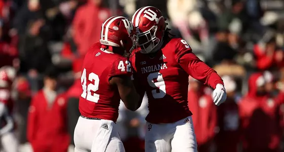 BLOOMINGTON, IN - NOVEMBER 10, 2018 - defensive back Marcelino Ball #42 of the Indiana Hoosiers and defensive back Jonathan Crawford #9 of the Indiana Hoosiers during the game between the Maryland Terrapins and the Indiana Hoosiers at Memorial Stadium in Bloomington, IN. Photo By Rose Bythrow/Indiana Athletics