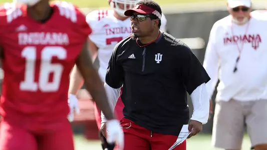BLOOMINGTON, IN - AUGUST 06, 2018 - Indiana Hoosiers Running Backs Coach Mike Hart during Indiana football fall camp in Bloomington, IN. Photo By Missy Minear/Indiana Athletics
