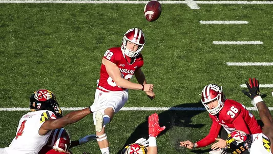 BLOOMINGTON, IN - NOVEMBER 10, 2018 - kicker Logan Justus #82 of the Indiana Hoosiers during the game between the Maryland Terrapins and the Indiana Hoosiers at Memorial Stadium in Bloomington, IN. Photo By John Sims/Indiana Athletics