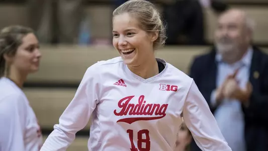 BLOOMINGTON, IN - OCTOBER 31, 2018 - Setter Abigail Westenhofer #18 of the Indiana Hoosiers during the game between the Michigan Wolverines and the Indiana Hoosiers at the University Gym in Bloomington, IN. Photo By Missy Minear/Indiana Athletics
