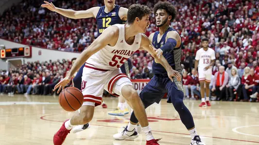 BLOOMINGTON, IN - NOVEMBER 14, 2018 - Forward Evan Fitzner #55 of the Indiana Hoosiers during the game against the Marquette Golden Eagles and the Indiana Hoosiers at Simon Skjodt Assembly Hall in Bloomington, IN. Photo By Missy Minear/Indiana Athletics