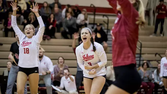 BLOOMINGTON, IN - OCTOBER 31, 2018 - Defensive specialist Meaghan Koors #8 of the Indiana Hoosiers and Setter Abigail Westenhofer #18 of the Indiana Hoosiers during the game between the Michigan Wolverines and the Indiana Hoosiers at the University Gym in Bloomington, IN. Photo By Carter Waldron/Indiana Athletics