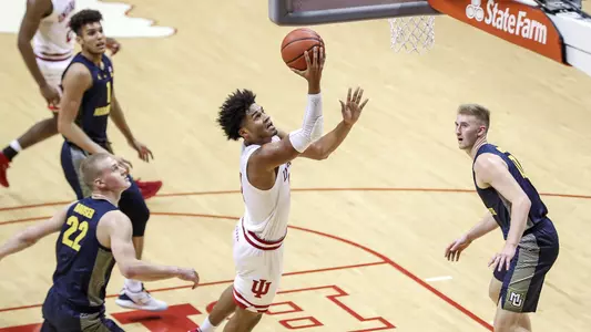 BLOOMINGTON, IN - NOVEMBER 14, 2018 - Forward Justin Smith #3 of the Indiana Hoosiers during the game against the Marquette Golden Eagles and the Indiana Hoosiers at Simon Skjodt Assembly Hall in Bloomington, IN. Photo By John Sims/Indiana Athletics