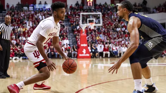 BLOOMINGTON, IN - NOVEMBER 14, 2018 - Forward Juwan Morgan #13 of the Indiana Hoosiers during the game against the Marquette Golden Eagles and the Indiana Hoosiers at Simon Skjodt Assembly Hall in Bloomington, IN. Photo By Missy Minear/Indiana Athletics