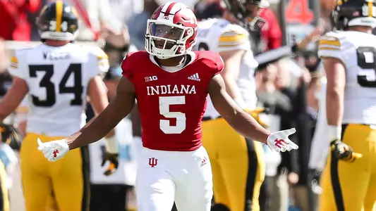 BLOOMINGTON, IN - OCTOBER 13, 2018 - wide receiver J-Shun Harris II #5 of the Indiana Hoosiers during the game between the Iowa Hawkeyes and the Indiana Hoosiers at Memorial Stadium in Bloomington, IN. Photo By  Carter Waldron/Indiana Athletics