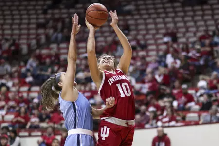 BLOOMINGTON, IN - NOVEMBER 02, 2018 - forward Aleksa Gulbe #10 of the Indiana Hoosiers during the game against the Northwood Timberwolves and the Indiana Hoosiers at Simon Skjodt Assembly Hall in Bloomington, IN. Photo By John Sims/Indiana Athletics
