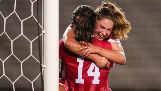 BLOOMINGTON, IN - SEPTEMBER 13, 2018 - Midfielder Melanie Forbes #12 of the Indiana Hoosiers and Midfielder Allison Jorden #14 of the Indiana Hoosiers celebrate during the game between the Michigan Wolverines and the Indiana Hoosiers at Bill Armstrong Stadium in Bloomington, IN. Photo By Rose Bythrow/ Indiana Athletics